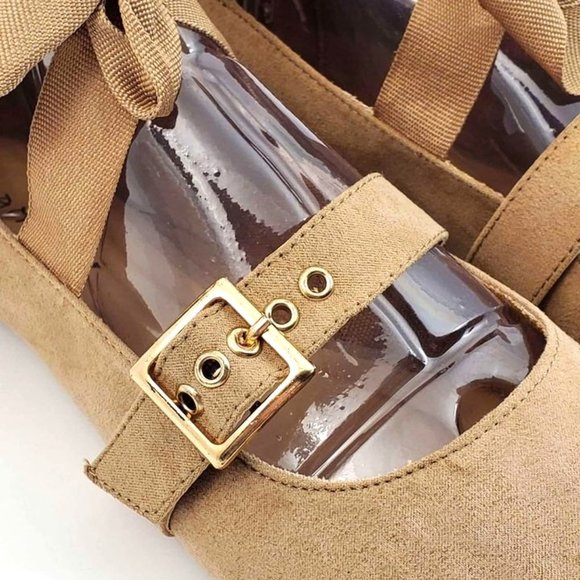 NEW Bamboo Women's Flats Chantel Tan Suede with Ankle Tie Foot Buckle - Picture 13 of 15